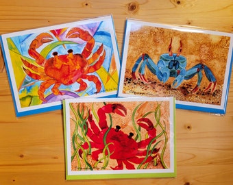 Crab Art Prints, Card Set of 3, Watercolor Crab Paintings, Crab Cards, Fine Art Note Cards, Card Stationary, Crab Wall Art, Watercolor