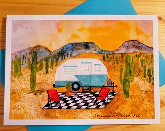 Southwest Happy Camper, Greeting Cards, Retro Camper Painting, Camping Print, Desert Art, Camping Décor, Camping Gifts