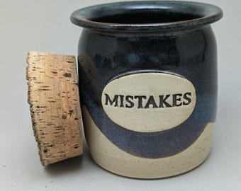 MISTAKES Jar, Coin Jar, Ceramic Jar, Money Jar, Ceramic Jar with Lid, Crock with Cork Lid, Jars with Lid, Handmade Pottery Container