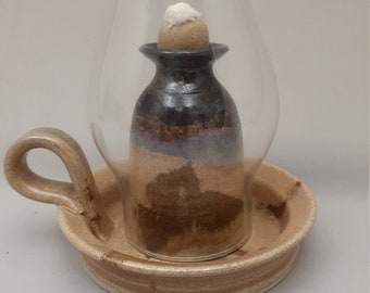 OIL LAMP with CHIMNEY, Oil Lamp with Handle, Oil Lantern, Ceramic, Oil Lamp, Pottery Oil Lamp, Burner, Bead and Wick Burner, Handmade  Gift