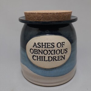 May include: A blue and white ceramic jar with a cork lid. The jar has the text "Ashes of Obnoxious Children" on the front.