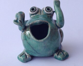 Small Raku Ceramic Turquoise Hand Molded Frog