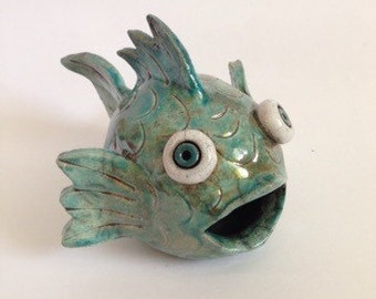 Turquoise Ceramic Raku Big Mouth Fish