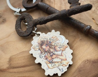 Wooden Keychain - Stormy Nights, Hot Chocolate and Epic Tales