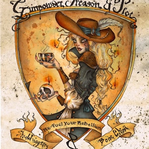 Op de afbeelding: Een aquarel-illustratie van een vrouw in een bruine hoed en een blauw-zwarte outfit. Ze houdt een kopje thee en een schedel vast. De tekst "Gunpowder, Treason, & Plot" staat bovenaan de afbeelding. De tekst "Re-Fuel Your Rebellion" staat op een banner onder de vrouw. De tekst "Bone China" staat op een banner onder de vrouw. De tekst "Shuldiggirany" staat op een banner onder de vrouw.