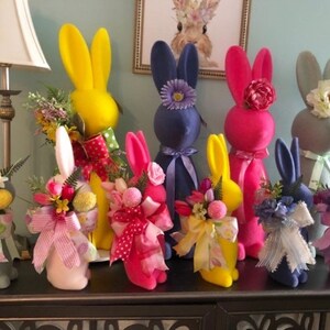 16" Adorable Flocked Decorated Bunnies Ribbons Florals, Many color options, Unique Spring Decor, Table top or wreath Decoration