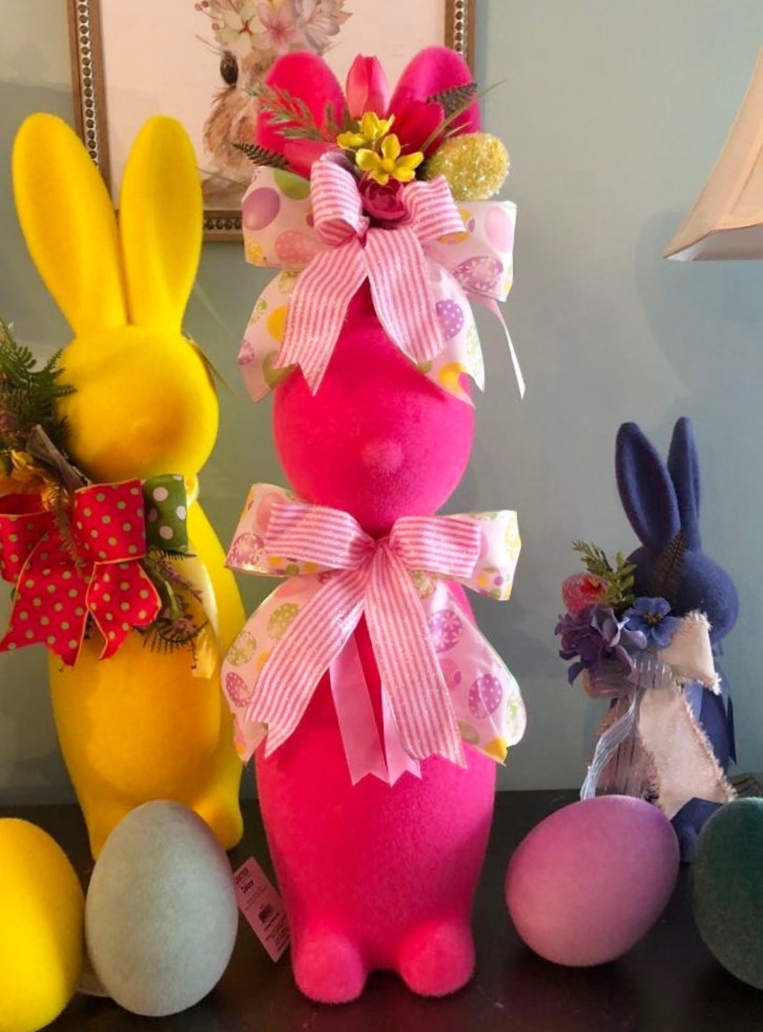 Adorable Lg 27 Flocked Decorated Easter Bunny With 2 Bows,easter Egg ...