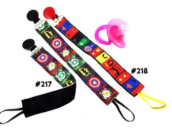COMIC BOOK SUPERHEROES inspired ribbon pacifier clip - 2 styles to choose from