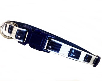 DOCTOR WHO TARDIS inspired adjustable breakaway 3/8 wide cat collar - navy nylon - navy buckle