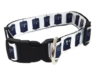 DOCTOR WHO TARDIS inspired 1 inch wide adjustable quick release dog collar - clearance