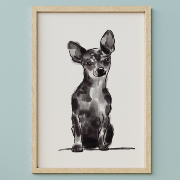 Impression d’art aquarelle Chihuahua poil court | cadeau minimal de chihuahua, décor de mur de chihuahua noir + blanc, mémorial moderne de chien de perte de peinture de chien