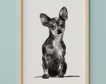 Korthaar chihuahua aquarel kunstafdruk | minimaal chihuahuacadeau, zwart-wit chihuahuawanddecor, modern hondenschilderij verlies hond gedenkteken
