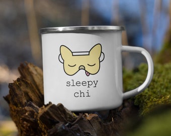 Sleepy Chi Camper Mug for Chihuahua Lovers | Lightweight Enamel Hot and Cold for Camping, Hiking, Outdoor Use - Supports Chihuahua Rescues