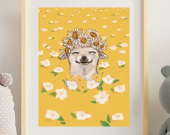 Chihuahua Flower Crown Art Print | Dog Mom Cottagecore Decor