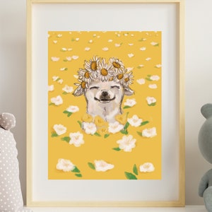 Flower Crown Chihuahua Art Print | Dog Mom Wall Art, Chihuahua Mom Gift Cottagecore Decor, Cute Yellow Farmhouse, Mother’s Day Sleepychi
