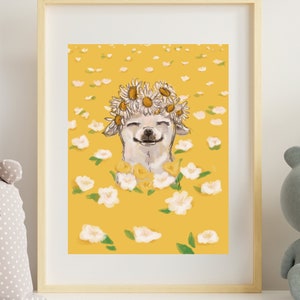 Flower Crown Chihuahua Art Print | Dog loss Wall Art, Floral Art Chihuahua Mom Gift Cottagecore, Cute Yellow Farmhouse Wall Decor Sleepychi