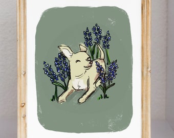 Bluebonnet Chihuahua Art Print | Texas Floral Dog Mom Gift