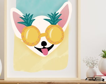 Pineapple Sunglasses Art Print | Summer Small Dog Art Print, Sunny Light Blue Art, Fun Chihuahua Mom Gift, Beach House Wall Decor sleepychi