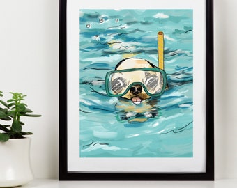 Snorkeling Chihuahua Art Print | Funny Beach House Decor