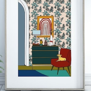 Ein Kleiner Hund im Hof | Chihuahua Art Print + Wandkunst, Mid Century moderne Wanddekoration - Hundemalerei Chihuahua Geschenke, Tierkunst,leereChi