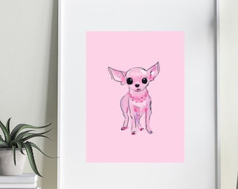 Pink Lady Chi-muurkunstafdruk | Schilderij kleine hond, mooie chihuahuacadeau, dierenmuurdecoratie, schattige hondschets, cadeau chihuahuamoeder - sleepychi