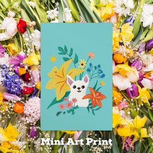 Flower Burst Pup - Mini impression d'art | Décoration murale chien avec des fleurs - art chihuahua maximaliste bleu coloré + art mural floral mignon - sleepychi
