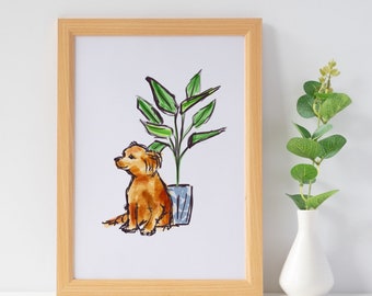Honden houden van planten muurkunst | Kleine hond kunstprint, schattig muurdecor, minimale hondenschets, chihuahuacadeau, plantendame muurdecoratie | slaperig