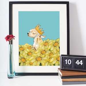 Chihuahua Flower Wall Art, Cute Small Dog Art Print, Floral Wall Chihuahua Art, Dog Mom Gift, Blue Yellow Wall Decor, Mother Day’s sleepychi