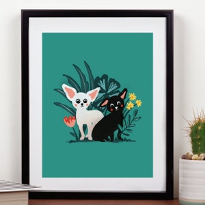 Weiß & Schwarz Chihuahuas in Natur Wand Kunst | Hübscher Hund Kunstdruck Cottagecore, Eclectic Wand dekor, Naturecore Botanischer | Schlafmütze