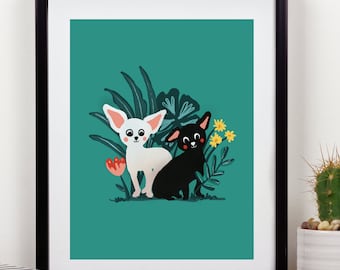 Witte en zwarte chihuahua&#39;s in natuurkunst aan de muur | Mooie hond kunstafdrukken Cottagecore, eclectisch muurdecor, botanisch Naturecore | slaperig