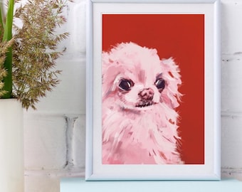 Pink Chihuahua Art Print, Red Wall Decor, Dog Mom Gift