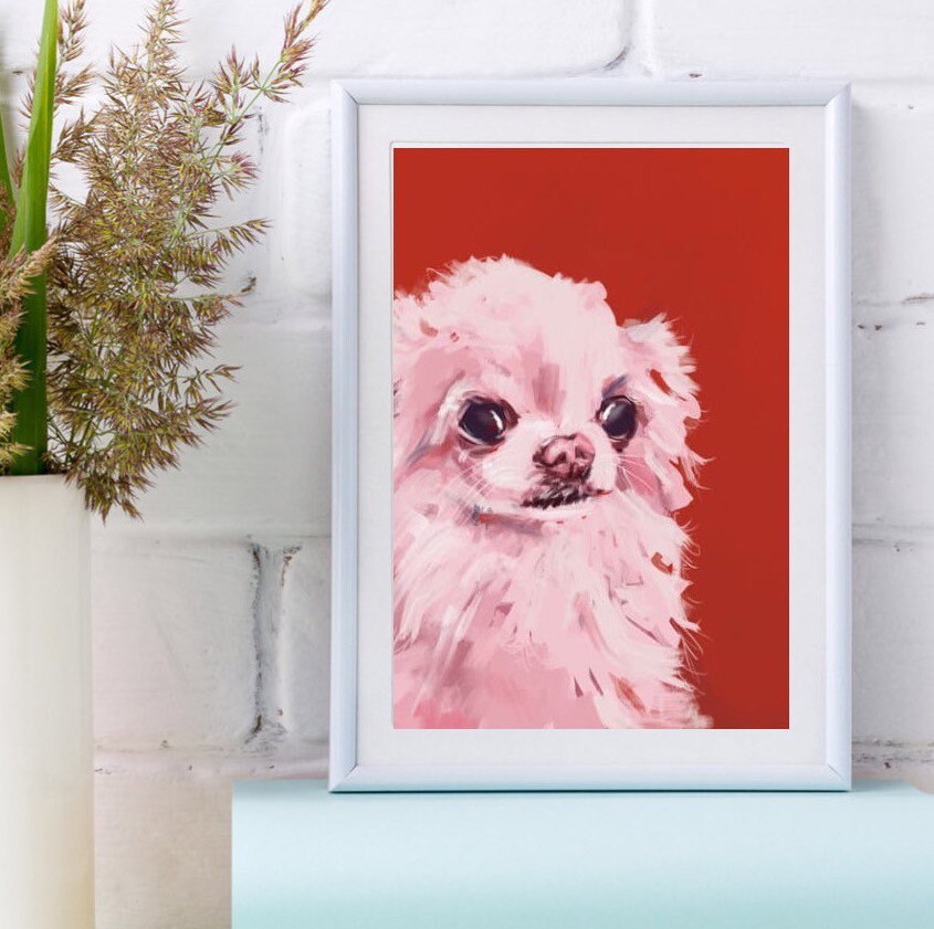Langharige witte chihuahuaschilderij, rode muurkunst | Poster kleine hond, roze kunstafdruk, rode chihuahua moeder cadeaus en hond woondecoratie - sleepychi
