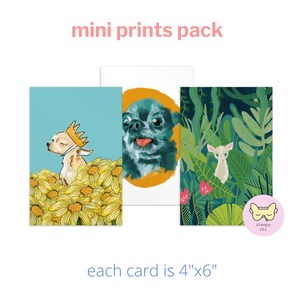 Mini tirages d'art - Lot de 3 | Cadeaux et papeterie chihuahua, petites cartes postales de chien, art mural chihuahua coloré amusant + peinture de chien mignon @sleepychi