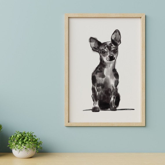 Shorthair Chihuahua Watercolor Art Print | minimal chihuahua gift, black + white chihuahua wall decor, modern dog painting loss dog memorial