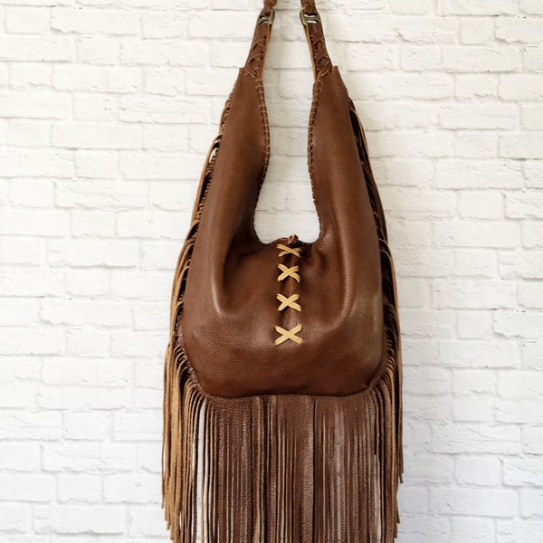 Chestnut Brown Fringe Hobo Bag/ Leather Hobo Bag / Fringe Hobo Bag/ Fringe Purse / Gypsy Purse / Leather Handbag / Fringe Purse