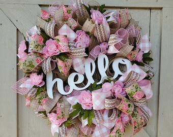 Pink Rose Wreath, Mother's Day Wreath, Hello Wreath, Spring Floral Wreath