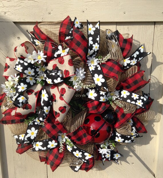 Ladybug Wreath Daisy Wreath Ladybug Decor Storm Door Wreath Black And Red Decor Deco Mesh Wreath Front Door Wreath Summer Wreath