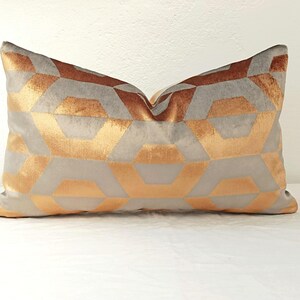 Luxury Velvet Pillow Cover – Metallic Copper & Gray Hexagon Pattern – Limited Edition Handmade Cushion Cover – Glam Modern Decor – 12x20