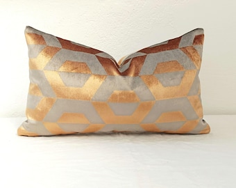 Luxury Velvet Pillow Cover – Metallic Copper & Gray Hexagon Pattern – Limited Edition Handmade Cushion Cover – Glam Modern Decor – 12x20