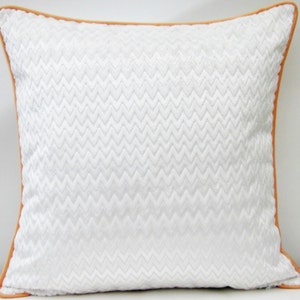 White Chevron Velvet Pillow Cover with Piping, Zigzag Velvet Pillow,Salmon Piping