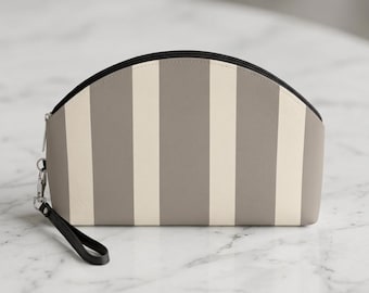 Taupe Neutral Vertical Stripes Makeup Bag Travel Organizer Bag  Cosmetic & Essentials Pouch Travel Gift  Beige Taupe Cosmetic Pouch