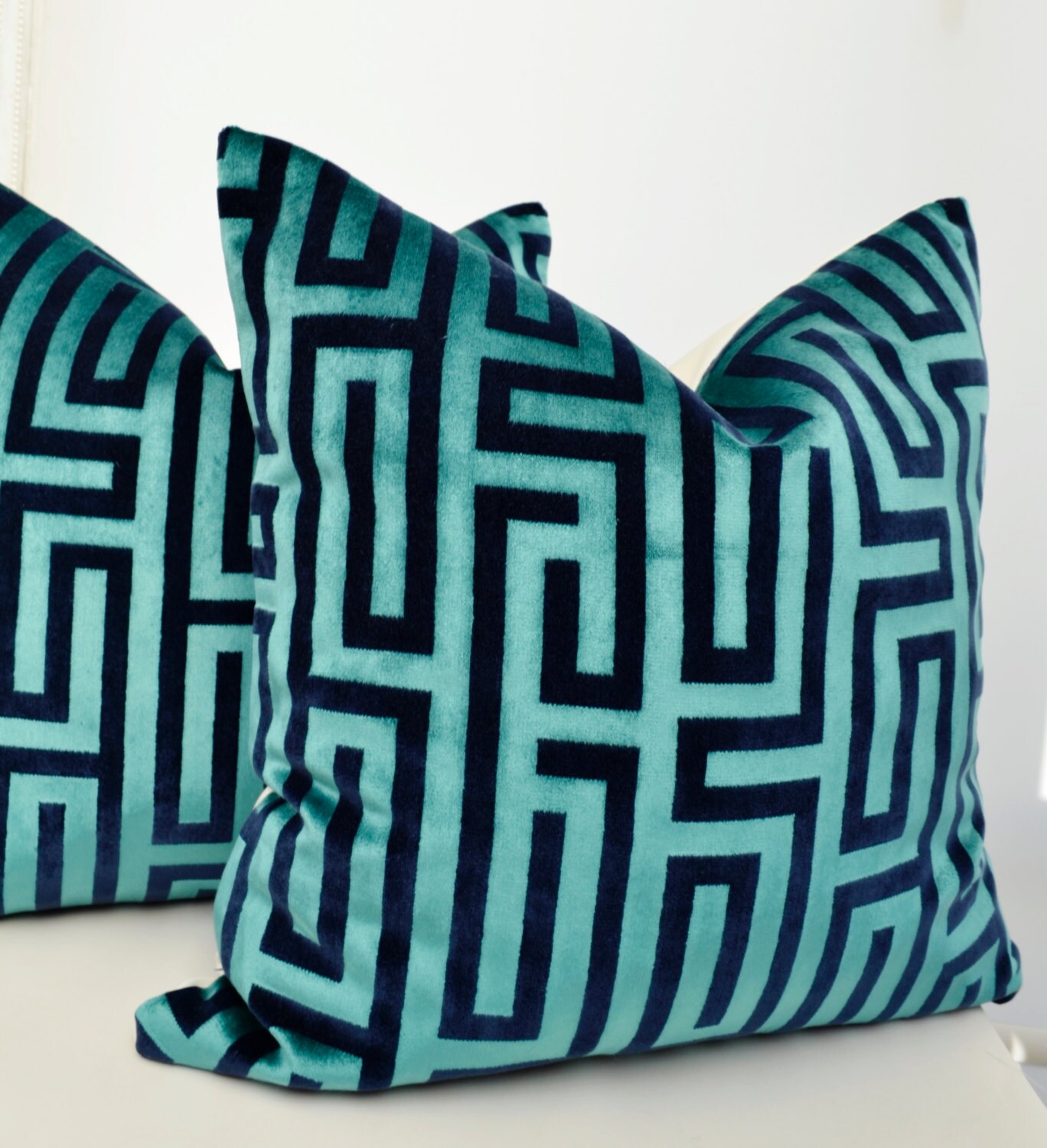 Aqua Velvet Pillow CoverGreek Key Pillow CoverGeometric Etsy