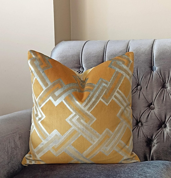 Mustard Yellow Geometric Velvet Hand Made Velvet Pillow Cover for