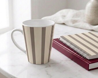 Neutral Striped Latte Mug, Cream & Taupe Ceramic Mug, 12 oz Coffee Mug, Minimalist Mug, Cozy Gift, Christmas Gift