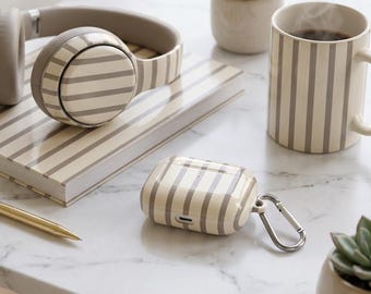 Neutral Striped AirPods Case with Carabiner, Minimalist Earbud Case, Glossy Protective Case, Wireless Charging Compatible