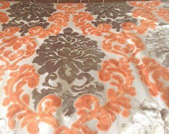 1. 30 yard Upholstery velvet Fabric Destash Remnant Orange Beige Taupe Damask Patterned Velvet Fabric