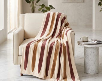 Mid Century Stripe Velveteen Plush Blanket | Retro Earth Tone Pattern