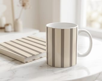 Neutral Striped Mug, Cream & Taupe Coffee Mug, Minimalist Ceramic Mug, Cozy Kitchen Gift, Christmas Gift, 11 oz 15 oz mug