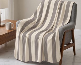 Cream & Taupe Striped Sherpa Fleece Blanket, Neutral Cozy Throw, Soft Plush Blanket, Modern Home Decor
