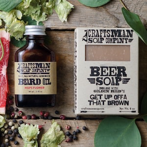 Natural Beard Care Kit // Beer Soap & Hops Flower Beard Oil //  Handmade, Vegan, Palm Free // Gifts for Men